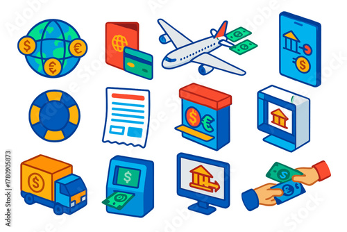 International Payment Icons. Isometric vector illustration set International Payments: globe with currency symbols, passport with