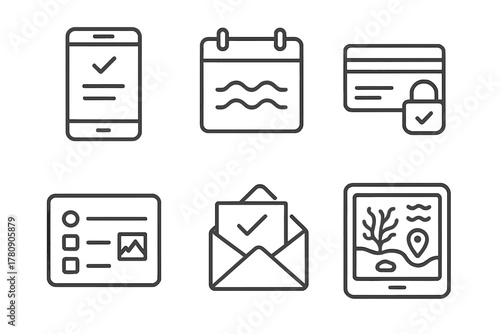 Reservation Icons. Line style icons of booking and reservation: mobile app reservation screen, calendar with waves, payment secure