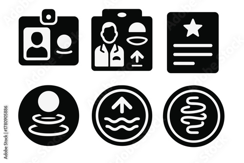 Anti-Gravity Research Icons. Solid style icons of anti-gravity research badges and symbols: lab ID with float icon, researcher