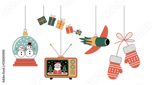 Festive Ornaments: An array of charming Christmas ornaments, including a snow globe, gifts, a rocket, television, and mittens, all suspended in mid-air, creating a whimsical and joyful holiday scene.