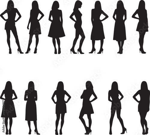 Black silhouettes of women in dresses and skirts female