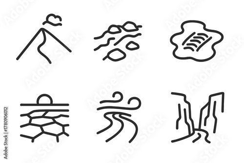 Terrain Icon Line Art. Line style icons of terrain challenges: steep dune climb, rocky trail, mud patch, salt flat run, wind-blown