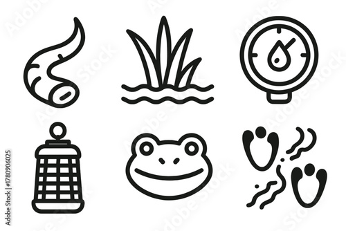 Cryptid Research Icons. Line style icons of Cryptid Research: Lizardman tail, swamp plant, humidity gauge, bug zapper, frog icon,