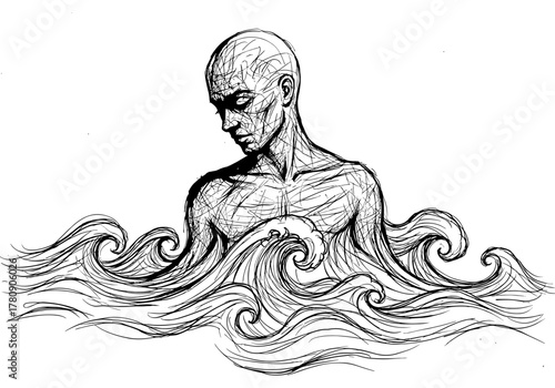 Intricate sketch of a pensive man amidst flowing waves in black and white