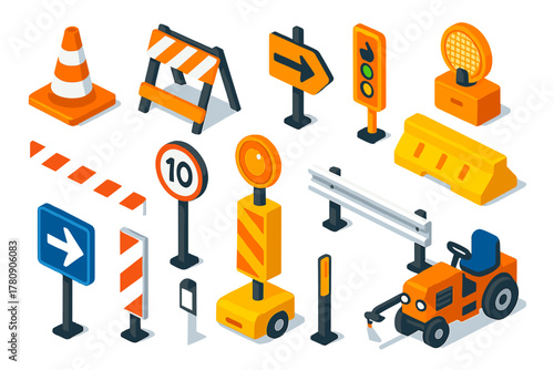 Construction Icon Set. Isometric vector illustration set Construction: traffic cone, roadblock, detour sign, warning light, hazard