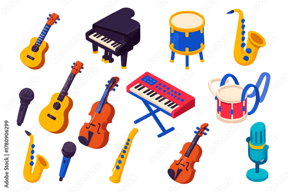 Vibrant Musical Instruments. Isometric vector illustration set music instruments: mini travel guitar, grand concert piano, tom-tom