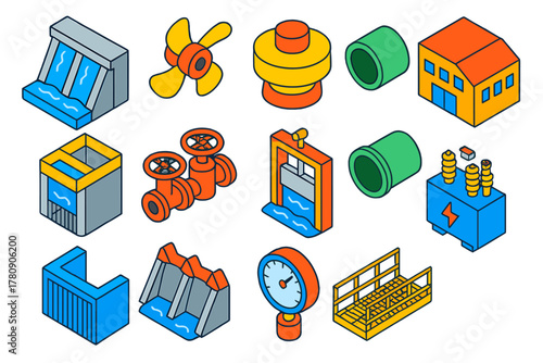 Hydro Energy Icons. Isometric vector illustration set Hydro Energy Equipment: dam turbine blades, hydro generator, penstock pipe