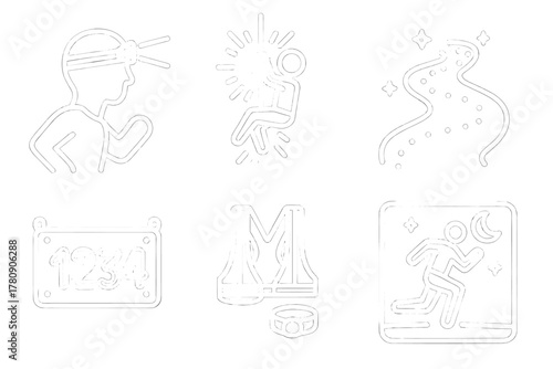 Nighttime Sports Icons. Line style icons of nighttime OCR: headlamp runner, glowing rope swing, lit course path, neon bib number,