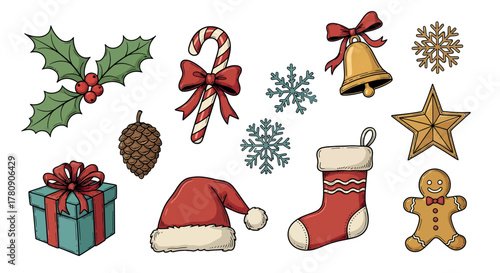 Collection of Christmas Themed Illustrations Featuring Variety of Holiday Icons and Decorations