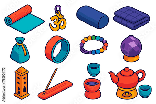 Vibrant Yoga Essentials. Isometric vector illustration set Yoga and Mindfulness Essentials: reversible yoga mat, OM pendant charm,
