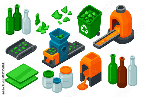 Glass Recycling Process. Isometric vector illustration set Glass Recycling: glass bottles, broken glass pieces, collection bin for