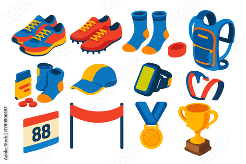Fitness Icons Collection. Isometric vector illustration set Fitness and Workout Essentials: running shoes, track spikes, athletic