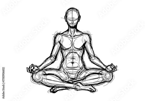Sketch of human figure in seated yoga pose on white background