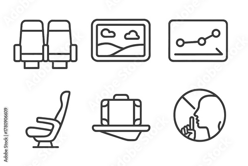 Maglev Train Icons. Line style icons of maglev train interiors: spacious seating icon, panoramic window sketch, digital route