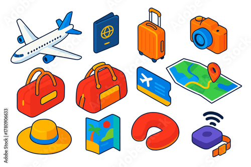 Air Travel Essentials. Isometric vector illustration set Air Travel Essentials: airplane side view, passport with seal, cabin