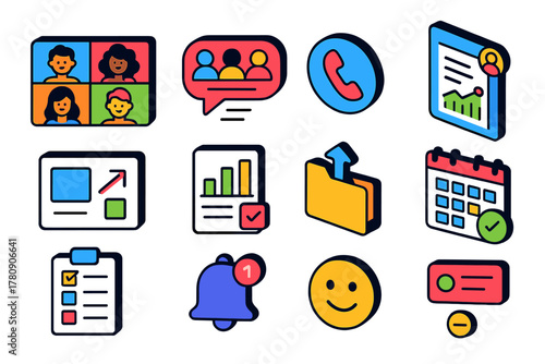 Digital Collaboration Tools. Isometric vector illustration set Collaboration and Communication Apps: video conference screen,