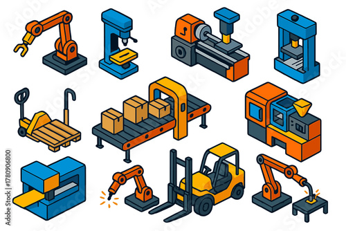 Factory Machinery Icons. Isometric vector illustration set Factory Machinery: robotic arm, milling machine, lathe machine,