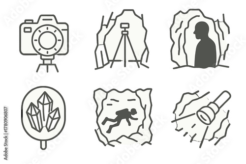 Cave Photography Icons. Line style icons of cave photography: camera with light ring, tripod in narrow passage, silhouette against