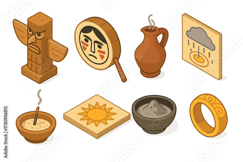 Isometric Cultural Rituals. Isometric vector illustration set of Cultural rituals: guardian totem, painted face drum, purification