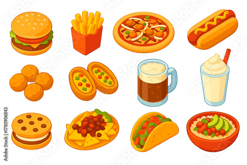 Bold Fast Food Icons. Isometric vector illustration set Fast Food Items: turkey burger, shoestring fries, BBQ chicken pizza, Coney