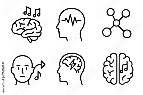 Neuroscience Music Icons. Line style icons of neuroscience in music therapy: brain with musical notes, auditory cortex wave,