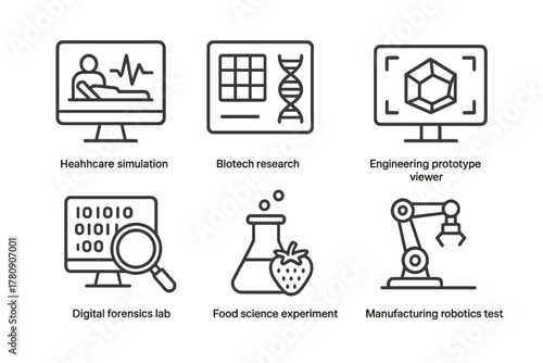 Virtual Career Lab Icons. Line style icons of career-based virtual labs: healthcare simulation icon, biotech research panel,