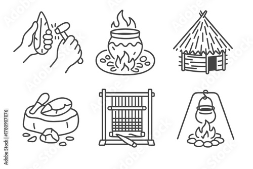 Experimental Archaeology Icons. Line style icons of experimental archaeology projects: ancient tool replication, pottery firing in