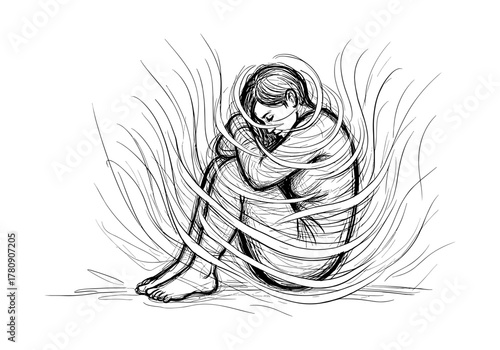 Emotional sketch of a person in isolation with expressive lines