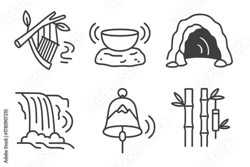 Nature's Sound Icons. Line style icons of sound in nature: tree branch wind harp, rock resonance bowl, natural cave echo chamber,
