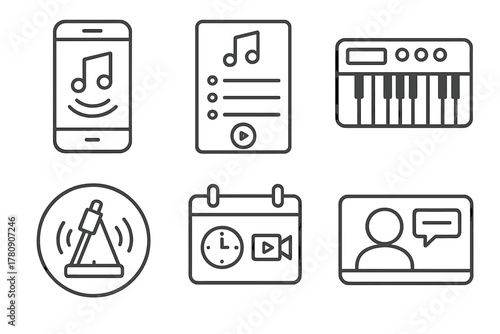 Music Therapy Tools. Line style icons of digital tools for music therapy: music therapy app, playlist builder screen, digital