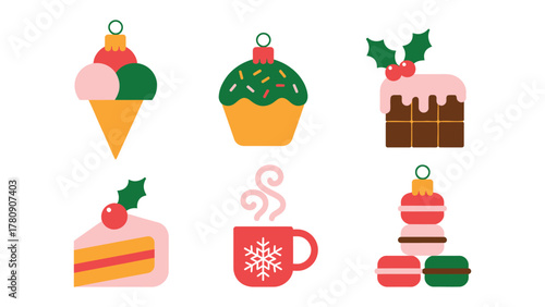 Festive Delight: A cheerful collection of illustrated holiday treats, including ice cream, cupcakes, cake slices, and macarons, promising a touch of sweetness to the season
