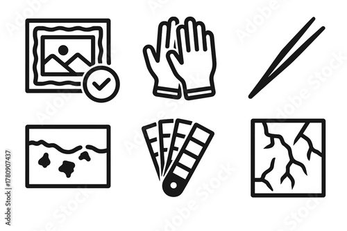 Antique Restoration Icons. Line style icons of Antique Restoration: restored painting, cotton gloves, precision tweezers, paint
