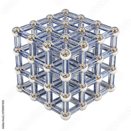 Abstract molecular structure 3D render. Glass and gold crystal lattice cube isolated on black background. Science and technology concept.