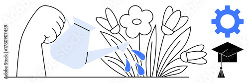 Hand holding watering can nurturing flowers, surrounded by gear and graduation cap. Ideal for growth, learning, development, education, teamwork, progress and success concepts. Simple flat metaphor