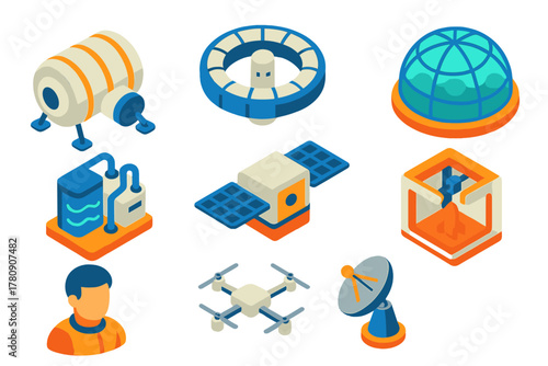 Space Colonization Essentials. Isometric vector illustration set Space exploration – colonization module, habitat ring, greenhouse