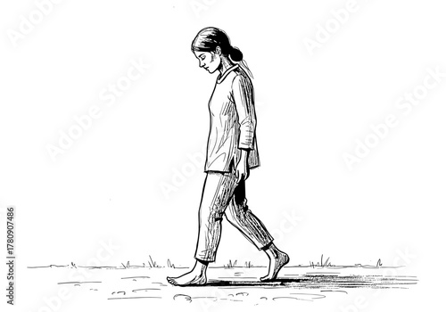 Monochrome sketch of a woman walking barefoot outdoors on a peaceful day