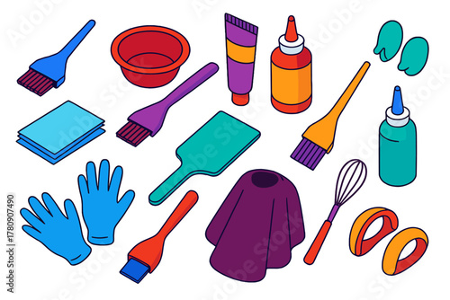 Hairdressing Tools Icons. Isometric vector illustration set Hairdressing and Grooming Tools: hair color brush, color mixing bowl,