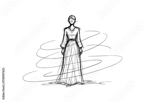 Elegant fashion sketch of a woman in flowing dress with dynamic swirling lines