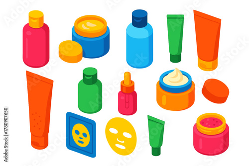 Vibrant Makeup Essentials. Isometric vector illustration set Makeup Essentials and Accessories: makeup remover bottle, cleansing