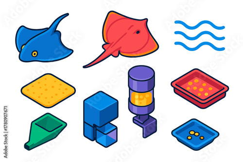 Aquarium Life Icons. Isometric vector illustration set Aquarium life – ray and skate, sand substrate, ripple pattern; cephalic