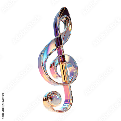 Iridescent treble clef 3D render. Abstract musical symbol in crystal glass with dispersion effect, isolated on black background. Music concept.