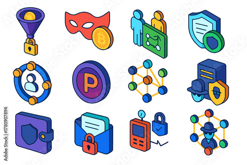 Blockchain Privacy Icons. Isometric vector illustration set Privacy and Anonymity in Blockchain: mixer service icon, stealth