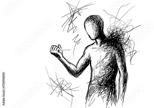Abstract sketch of faceless figure with scribbles in black and white