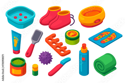 Wellness and Beauty Essentials. Isometric vector illustration set Wellness, Relaxation, and Beauty Essentials: foot spa basin,