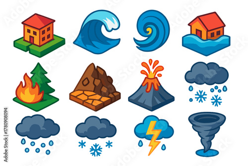 Bold Natural Disasters Icons. Isometric vector illustration set Natural Disasters: earthquake icon, tsunami wave, hurricane swirl,