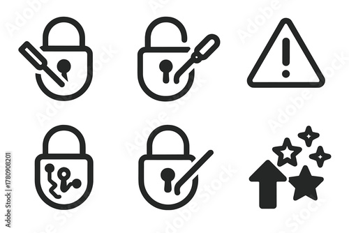 Competitive Lockpicking Icons. Line style icons of Competitive Lockpicking: close pin tension, smooth pick stroke, mistake alert