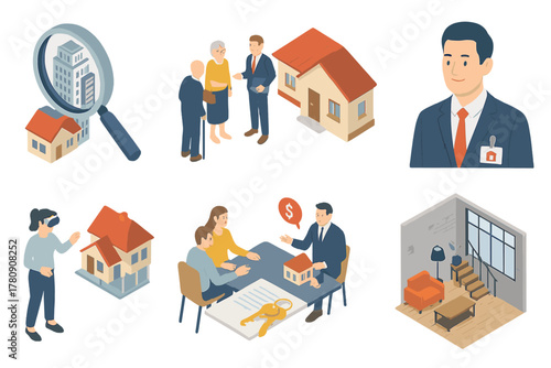 Isometric Real Estate Scenes. Isometric vector illustration set of Real Estate: high-rise viewfinder, senior couple buying home,