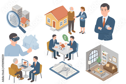 Isometric Real Estate Scenes. Isometric vector illustration set of Real Estate: high-rise viewfinder, senior couple buying home,