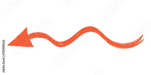 Hand drawn crayon movement red arrow. Grunge squiggly arrow. Pencil chalk lines sketch. Color brush scribble element. Doodle vector illustration.