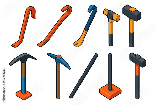Tool Icons Collection. Isometric vector illustration set Tools: crowbar, pry bar, nail puller, wrecking bar, cat’s paw tool,